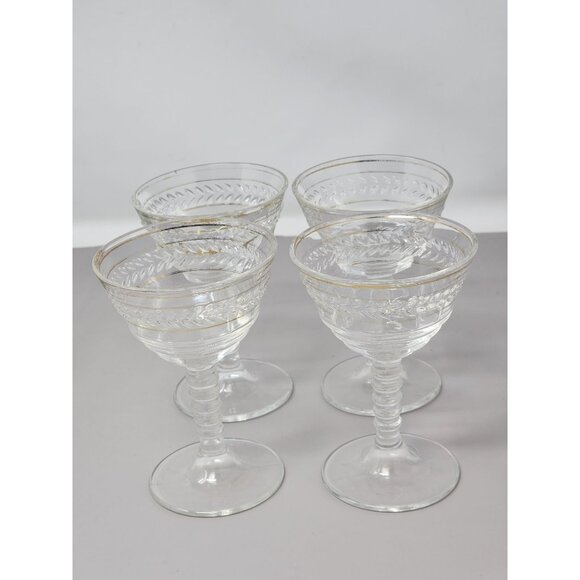 Set Of 4 Vintage Clear Glass Goblets‎ With Gold Trim & Textured Leaf Design - Picture 1 of 9
